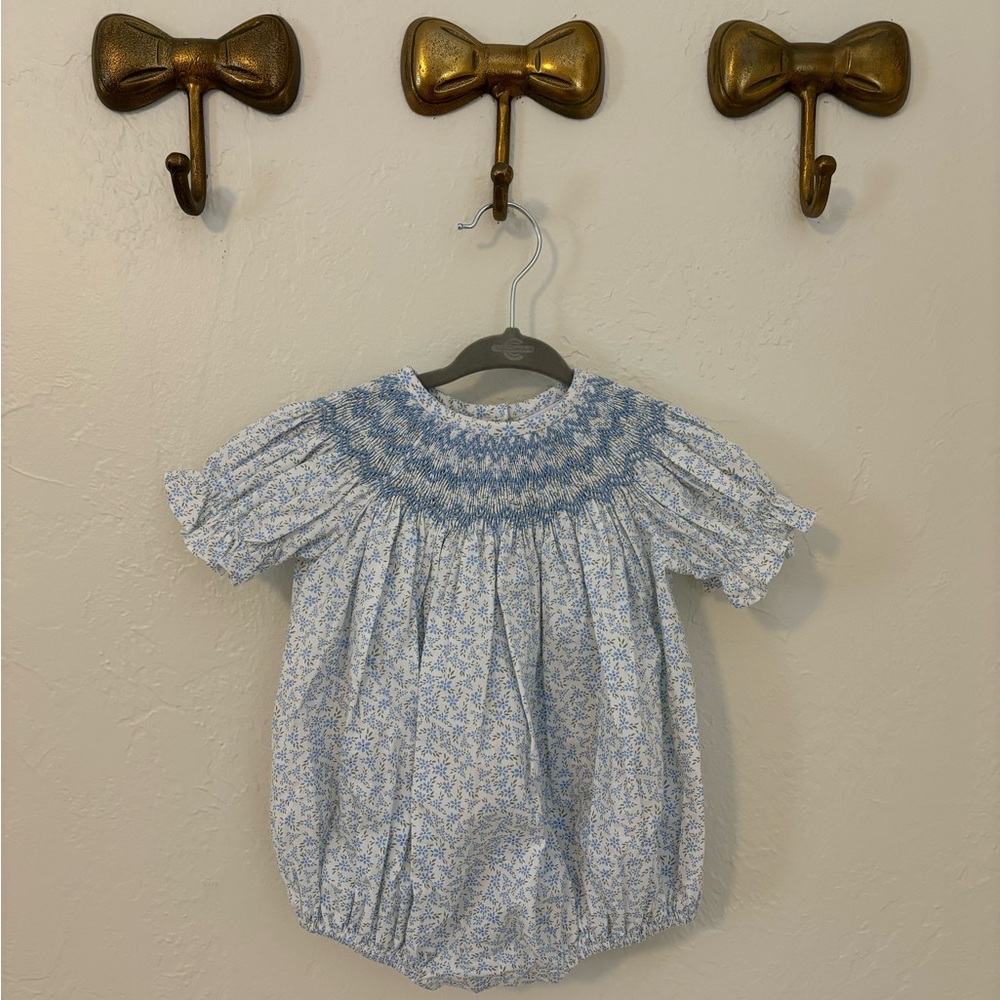 Stitchy Fish Blue Floral Smocked Bubble 3 Months